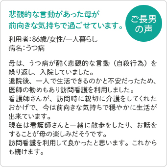 悲観的な言動があった母が前向きな気持ちで過ごせています。利用者：86歳/女性/一人暮らし/病名：うつ病