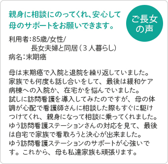 親身になって相談にのってくれて、安心して母のサポートをお願いできます。利用者：85歳/女性/長女夫婦と同居（３人暮らし）/病名：末期癌